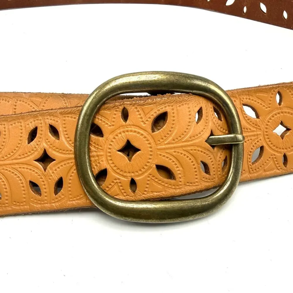 Fossil Boho Belt M 34 Tan Leather Tooled Pinwheel Cut Outs Western Hippie Y2K